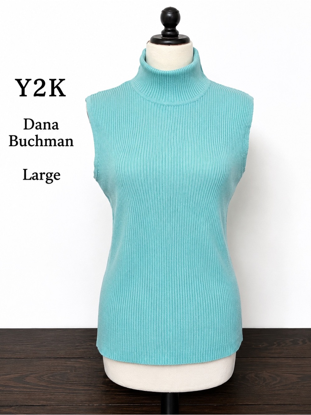 Vintage Y2K Dana Buchman Aqua Blue Ribbed Sleeveless Turtleneck Top L